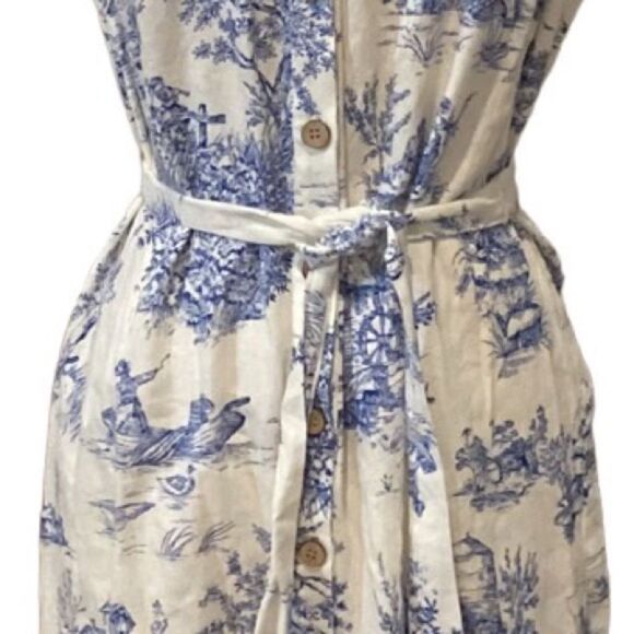 Chloe + Rene Linen blend Cottage Print Dress Blue and White Sleeveless M - Picture 8 of 16